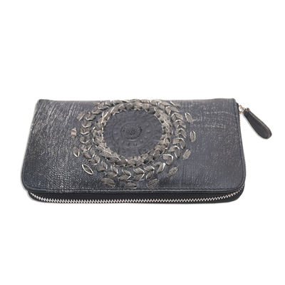 Leather clutch, 'Padma Center in Onyx' - Patterned Leather Clutch in Onyx from Bali