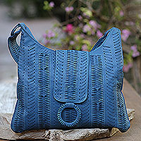 Leather hobo handbag, 'Azure Anyaman' - Patterned Leather Hobo Handbag in Azure from Bali