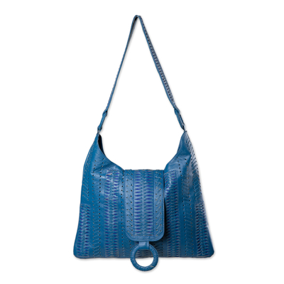 Leather hobo handbag, 'Azure Anyaman' - Patterned Leather Hobo Handbag in Azure from Bali