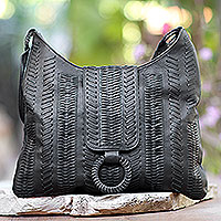 Leather hobo handbag, 'Onyx Anyaman' - Patterned Leather Hobo Handbag in Black from Bali