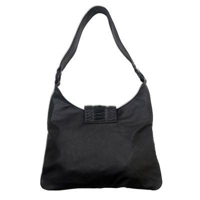Patterned Leather Hobo Handbag in Black from Bali - Onyx Anyaman | NOVICA