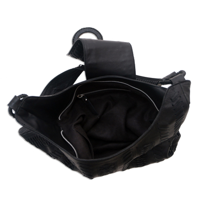 Leather hobo handbag, 'Onyx Anyaman' - Patterned Leather Hobo Handbag in Black from Bali