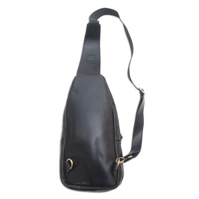 Leather backpack sling, 'Sleek Travels' - Solid Onyx Leather Backpack Sling from Bali