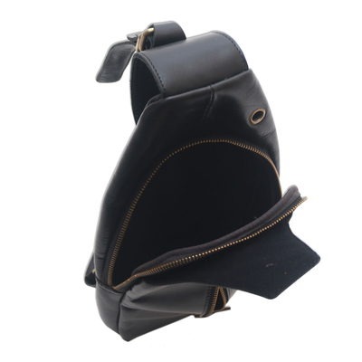 Leather backpack sling, 'Sleek Travels' - Solid Onyx Leather Backpack Sling from Bali