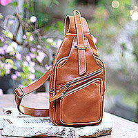 Leather backpack sling, 'Easy Traveling'