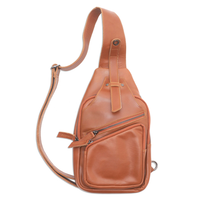 Leather backpack sling, 'Easy Traveling' - Solid Burnt Sienna Leather Backpack Sling from Bali