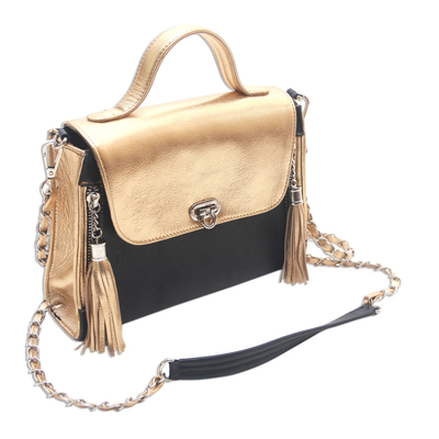 Leather handbag, 'Golden Dark' - Gold-Tone and Onyx Leather Handbag from Bali