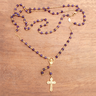 Gold plated amethyst rosary, 'Cross of Salvation' - Gold Plated Amethyst Rosary Crafted in Bali