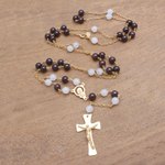 Gold plated garnet and moonstone rosary, 'Gemstone Cross' - Gold Plated Garnet and Moonstone Rosary from Bali