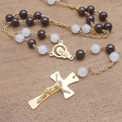 Gold plated garnet and moonstone rosary, 'Gemstone Cross' - Gold Plated Garnet and Moonstone Rosary from Bali