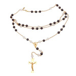 Gold plated garnet and moonstone rosary, 'Gemstone Cross' - Gold Plated Garnet and Moonstone Rosary from Bali
