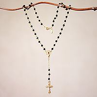 Gold plated onyx rosary, 'Cross Glimmer'