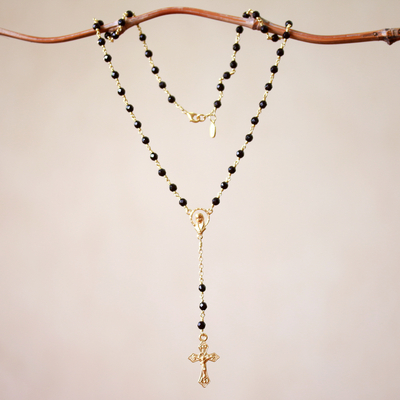 Gold plated onyx rosary, 'Cross Glimmer' - Gold Plated Onyx Rosary Crafted in Bali