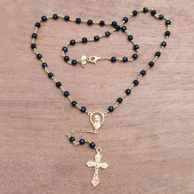 Gold plated onyx rosary, 'Cross Glimmer' - Gold Plated Onyx Rosary Crafted in Bali