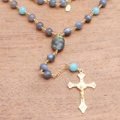 Gold plated labradorite and amazonite rosary, 'Fascinating Cross' - Gold Plated Labradorite and Amazonite Rosary from Bali
