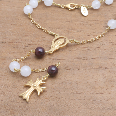 Gold plated moonstone and garnet rosary, 'Delightful Faith' - Gold Plated Moonstone and Garnet Rosary from Bali