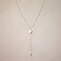 Gold plated cultured pearl rosary, 'Glowing Cross' - 22k Gold Plated Cultured Pearl Rosary from Bali