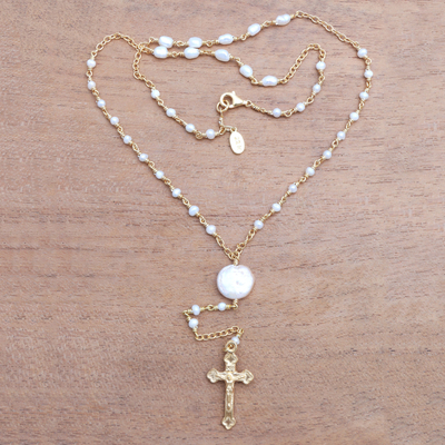 Gold plated cultured pearl rosary, 'Glowing Cross' - 22k Gold Plated Cultured Pearl Rosary from Bali