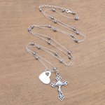 Cultured pearl long pendant necklace, 'Love for the Cross' - Cultured Pearl Heart and Cross Long Pendant Necklace