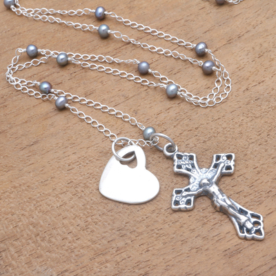 Cultured pearl long pendant necklace, 'Love for the Cross' - Cultured Pearl Heart and Cross Long Pendant Necklace