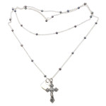 Cultured pearl long pendant necklace, 'Love for the Cross' - Cultured Pearl Heart and Cross Long Pendant Necklace