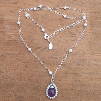 Amethyst and cultured pearl pendant necklace, 'Wreathed Beauty' - Amethyst and Cultured Pearl Pendant Necklace from Bali