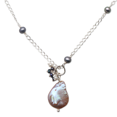 Cultured pearl pendant necklace, 'Ocean Delight' - Cultured Pearl Station Pendant Necklace from Bali