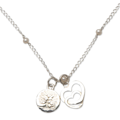 Cultured pearl long pendant necklace, 'Love for Trees' - Heart-Themed Cultured Pearl Long Pendant Necklace from Bali