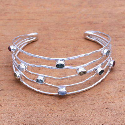 Multi-gemstone cuff bracelet, 'Flow of Stars' - Multi-Gemstone Cuff Bracelet Crafted in Bali