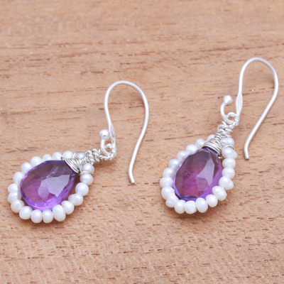 Amethyst and cultured pearl dangle earrings, 'Wreathed Beauty' - Amethyst and Cultured Pearl Dangle Earrings from Bali