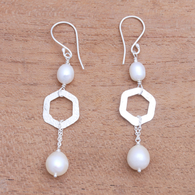 Cultured pearl dangle earrings, 'Hexagon Glow' - Hexagonal Cultured Pearl Dangle Earrings from Bali
