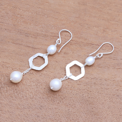 Cultured pearl dangle earrings, 'Hexagon Glow' - Hexagonal Cultured Pearl Dangle Earrings from Bali