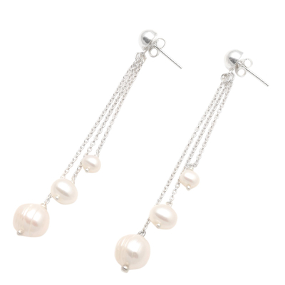 Cultured pearl dangle earrings, 'Glowing Peace' - Cultured Pearl Trio Dangle Earrings from Bali