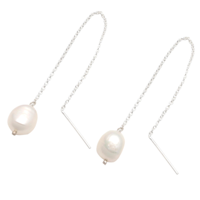 Cultured pearl threader earrings, 'Lantern Light' - Cultured Pearl Threader Earrings Crafted in Bali