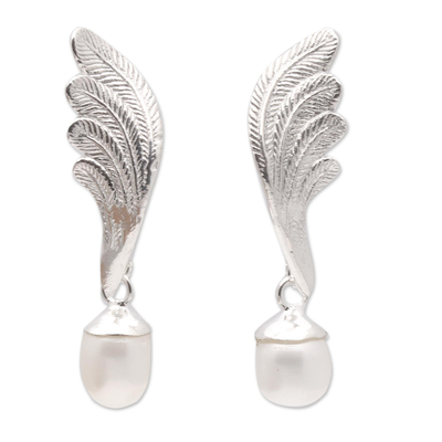 Cultured pearl dangle earrings, 'Heavenly Plumes' - Wing-Shaped Cultured Pearl Dangle Earrings from Bali