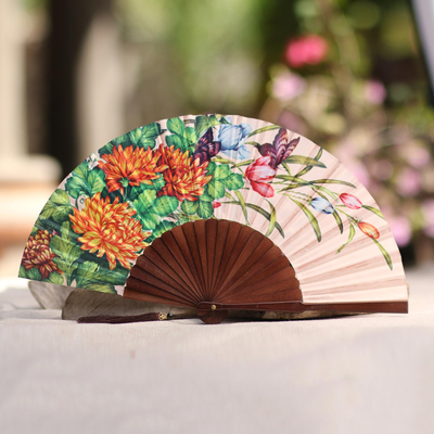 Silk hand fan, 'Blush Garden' - Floral Silk Hand Fan in Blush from Bali