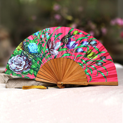 Silk hand fan, 'Passionate Garden' - Floral Silk Hand Fan in Strawberry from Bali