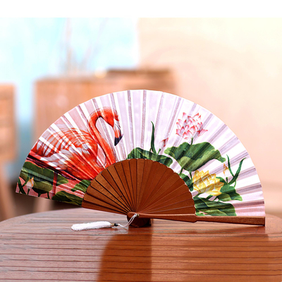 Silk hand fan, 'Cream Garden' - Flamingo-Themes Silk Hand Fan from Bali
