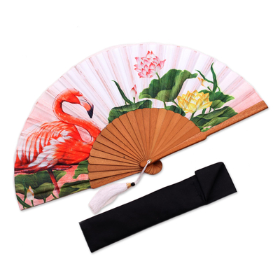 Silk hand fan, 'Cream Garden' - Flamingo-Themes Silk Hand Fan from Bali