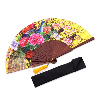 Silk hand fan, 'Chartreuse Bouquet' - Floral Printed Silk Hand Fan Crafted in Bali