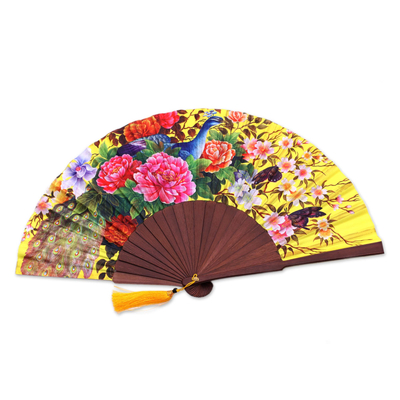 Silk hand fan, 'Chartreuse Bouquet' - Floral Printed Silk Hand Fan Crafted in Bali