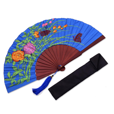 Embroidered silk hand fan, 'Magnificent Bouquet' - Floral Embroidered Silk Hand Fan in Caribbean Blue from Bali