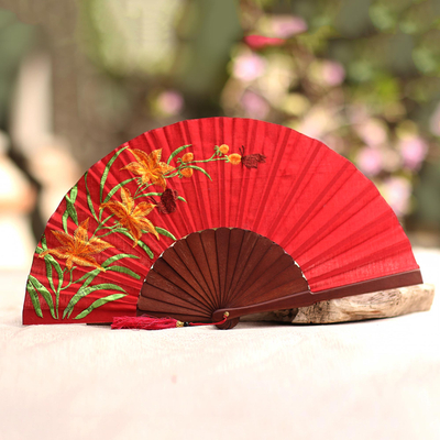 Embroidered silk hand fan, 'Lily Garden' - Floral Embroidered Silk Hand Fan in Crimson from Bali