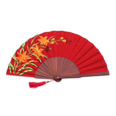 Embroidered silk hand fan, 'Lily Garden' - Floral Embroidered Silk Hand Fan in Crimson from Bali
