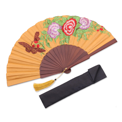 Embroidered silk hand fan, 'Perching Butterfly' - Butterfly-Themed Embroidered Silk Hand Fan from Bali