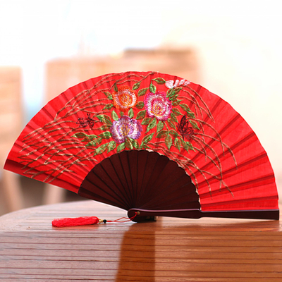 Embroidered silk hand fan, 'Poppy Bliss' - Floral Embroidered Silk Hand Fan in Poppy from Bali
