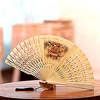 Mahogany wood hand fan, 'Cool Barong' - Barong-Themed Mahogany Wood Hand Fan from Bali