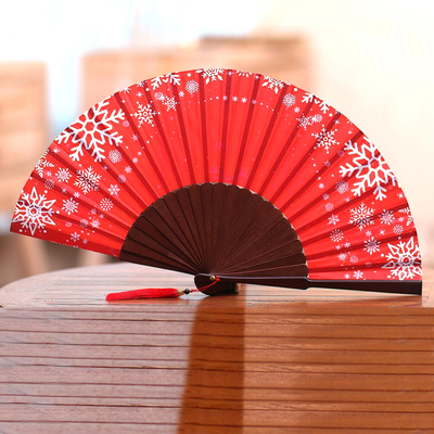 Silk hand fan, 'Let It Snow' - Snowflake Motif Silk Hand Fan Crafted in Bali