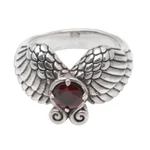 Garnet cocktail ring, 'Winged Glitter' - Wing Motif Garnet Band Ring from Bali