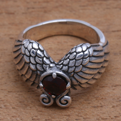 Garnet cocktail ring, 'Winged Glitter' - Wing Motif Garnet Band Ring from Bali